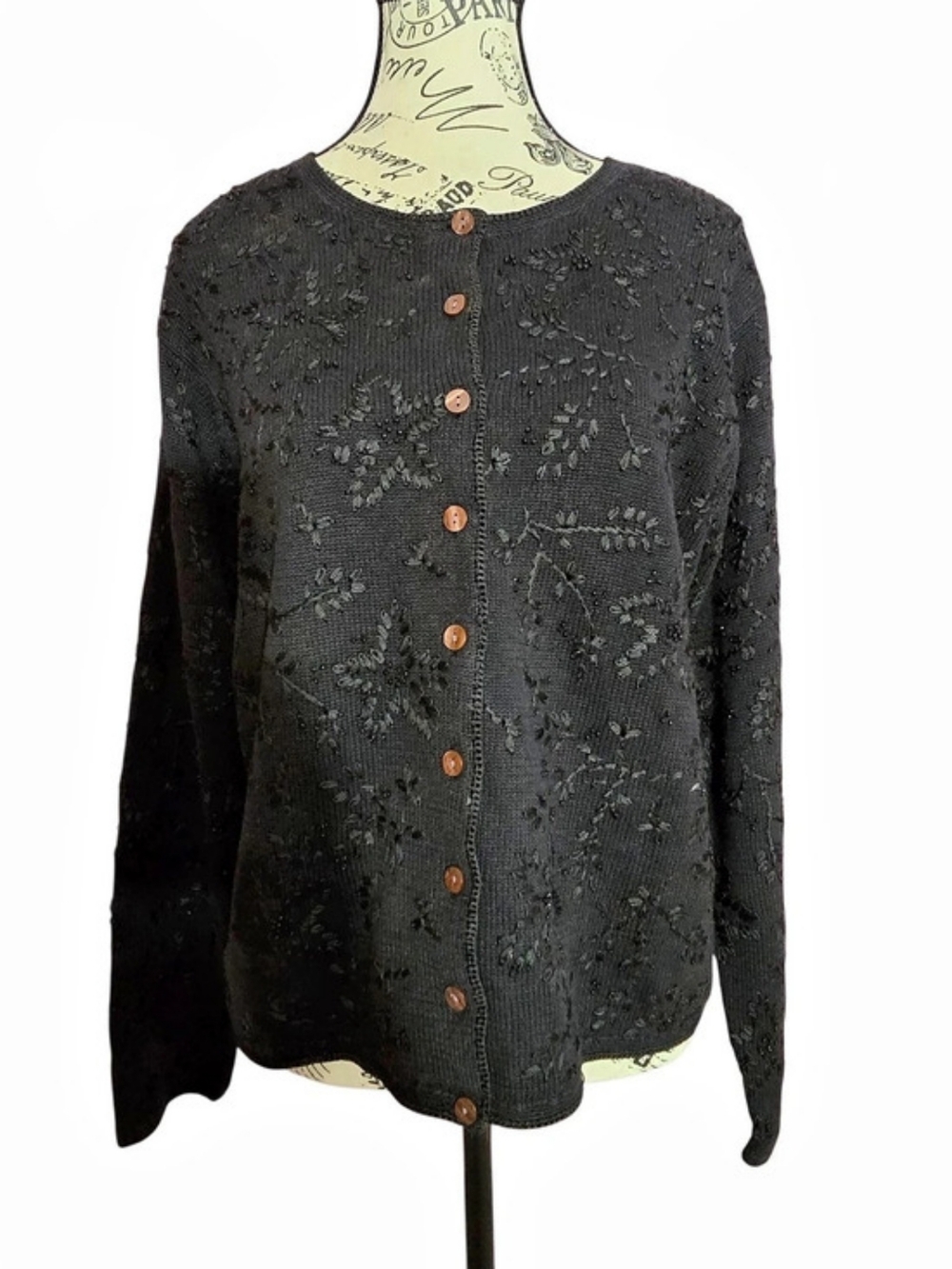 Susan Bristol Black Hand Embroidered Beaded Button-Front Cardigan M Cottage